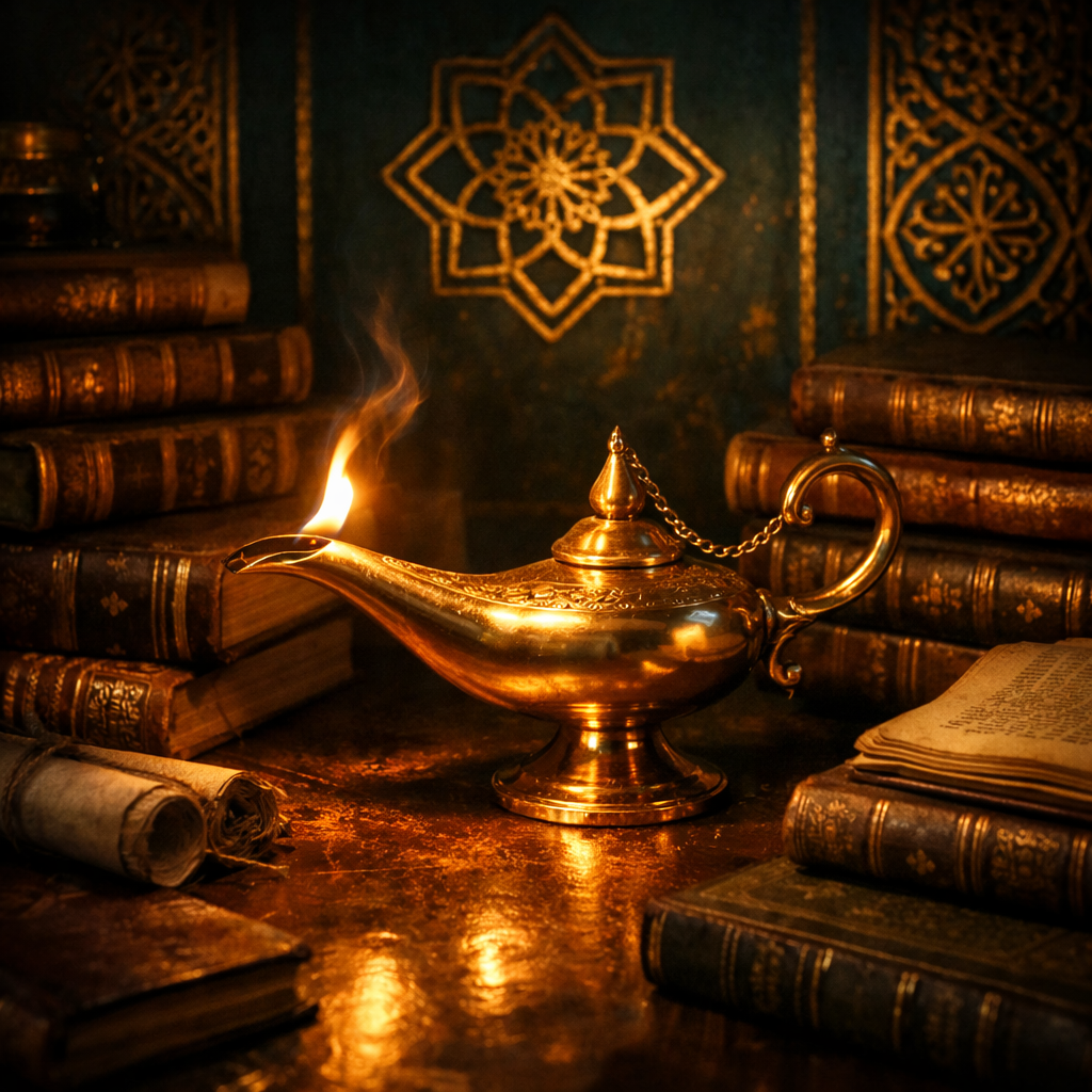 Золотой светильник знаний среди старинных книг