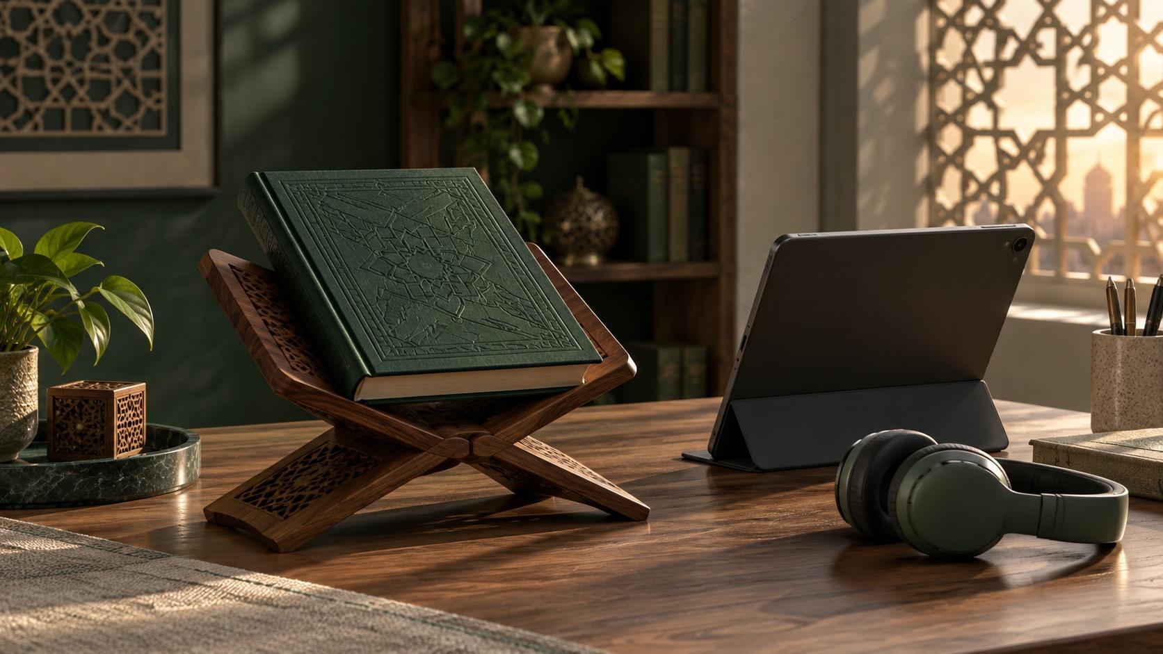 A book on a wooden stand, a tablet and headphones in morning light