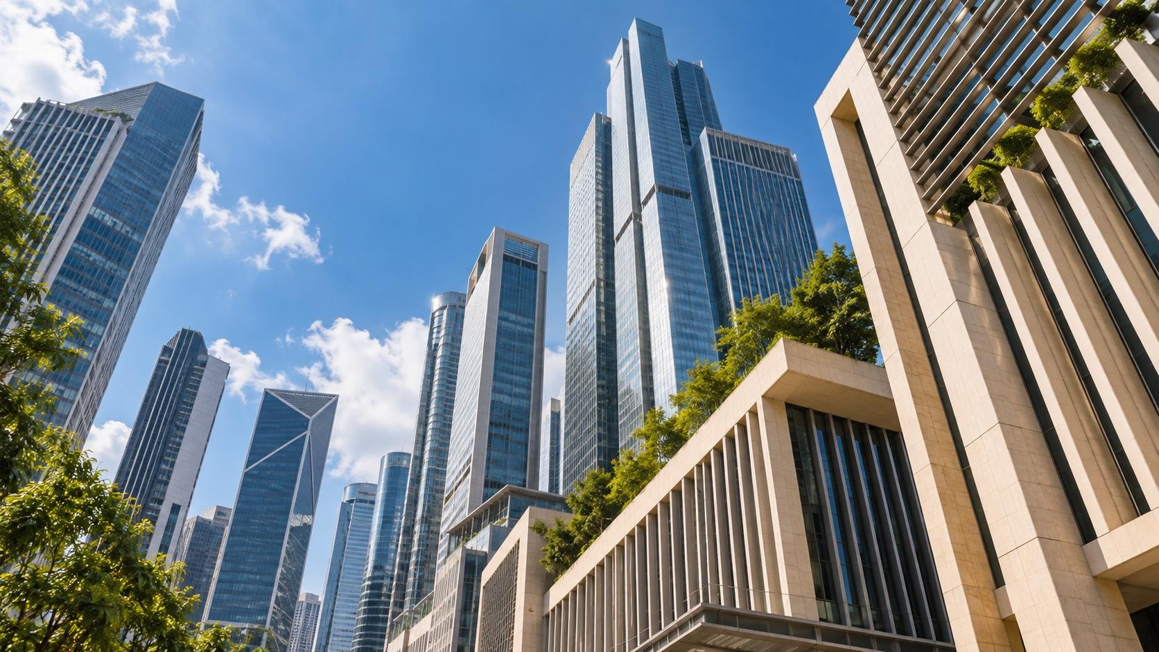 Modern office buildings with sun-shading facades in a business district