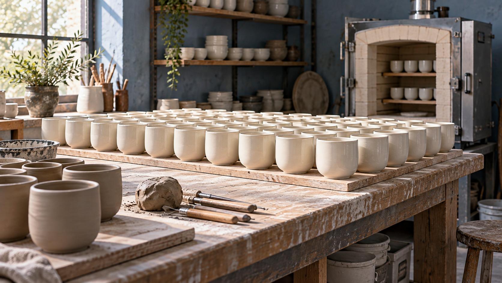 Finished ceramic cups on a workbench in a small workshop